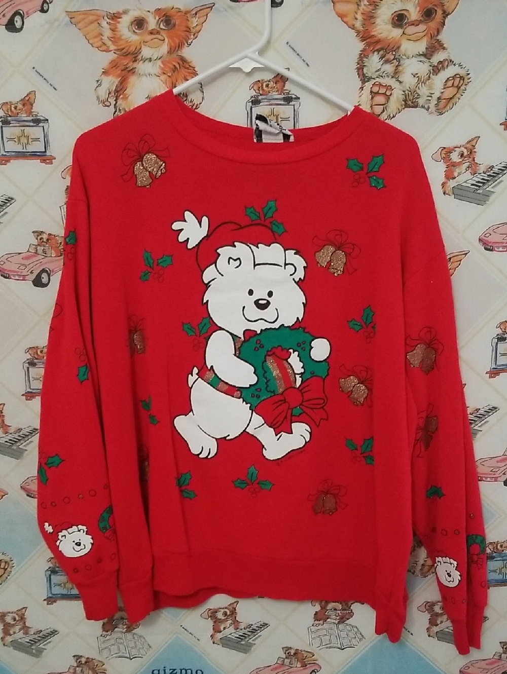 Vintage 1990 Why Not Christmas Sweatshirt Size 2X Red Bear AOP Puff Paint
